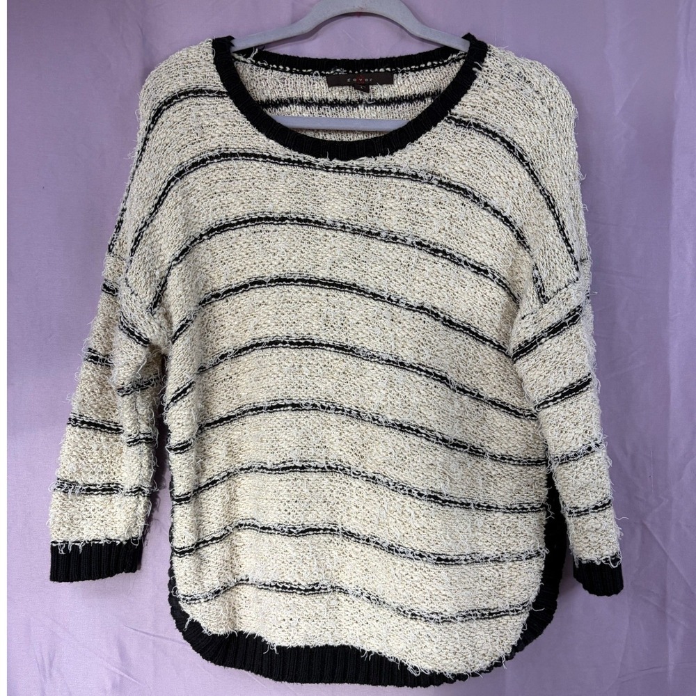 Zover Women Striped Textured Knit Sweater Cream Black Side Button Detail Large
